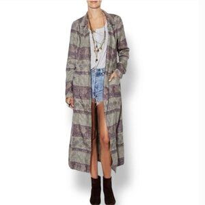 Free People Purple/Gray 100% Linen Boho Maxi Duster Jacket Long Open Cardigan